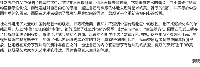 杜之外的作品中强调了禅宗的“空”。禅宗并不直接谈美，也不直接去追求美，它对美与艺术的领会，并不是通过感官的直接感性认识，而是通过对自己内心的感悟，通过自己对禅意的体验去理解艺术的美。禅宗的“空”，并不等於中国画中单纯的留白，而是在为观者提供了思考与想像空间的同时，给观者一个重新审视内心的契机。 杜之外运用了大量的中国传统艺术的观念、技巧和元素，但却并不强调中国传统绘画中的线性，也不拘泥於材料的单纯运用。从立“本住”之後的破“本住”，终於成就了杜之外“空”的冥想，此“空”非“空”，“空法妙有”。因而在形式上摒弃了传统框架线条的桎梏，脱离了形式与材料的束缚，以简约的画面传达了对禅学的理解。这些用“心”绘製的作品，呈现出极强的视觉衝击力，加强了作品内涵与观者心灵的共鸣，具有很强的时代性，从而带给观者多重空间与视觉形象，让观者在充分享受片刻的清净与自在之时，也让自己的内心和思想享有这片刻的放空，更好的享受“当下”的美感。这既是艺术家本人艺术观的传达，同时也是其人生观的体现。 -- 蔡晓